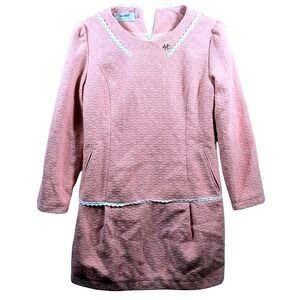 Pink Textured Tweed Dress with White Lace Trim and Flower Brooch Asian Brand XL